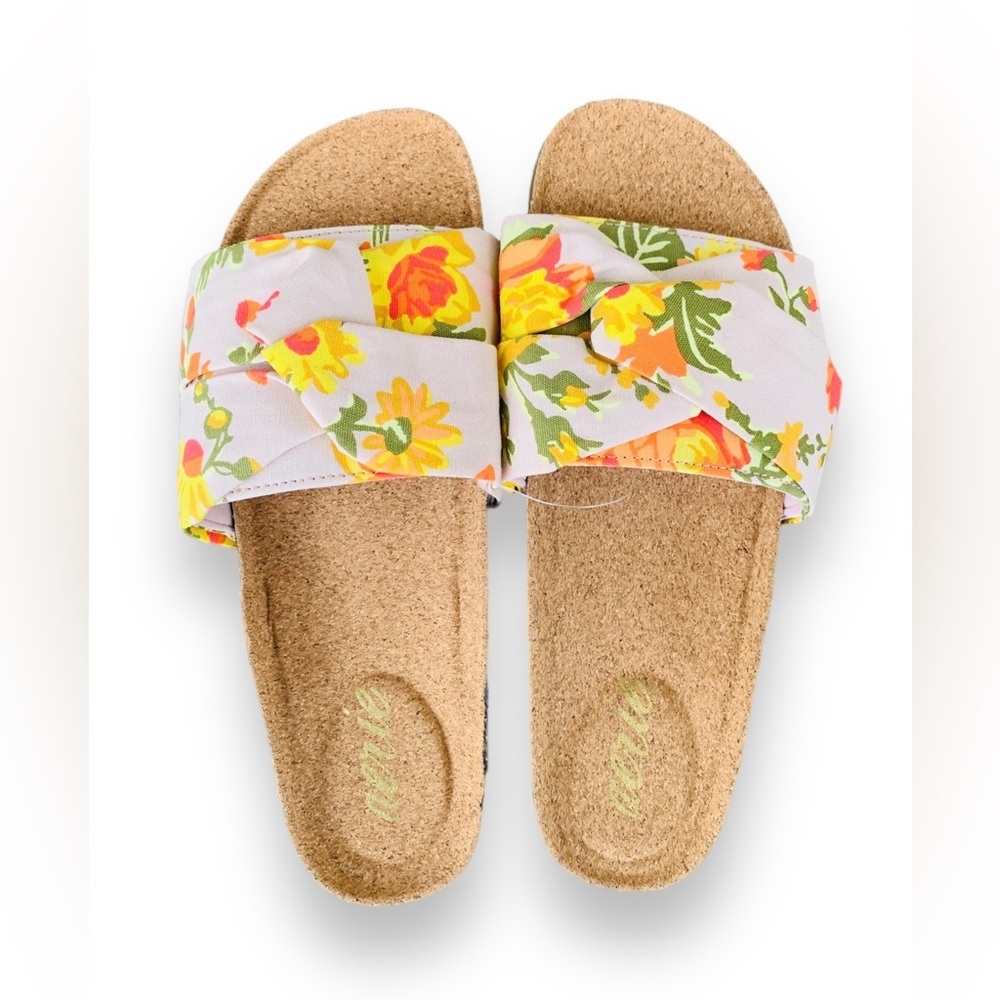Aerie Twist Slide Cork Sole Floral Print Sandals Size 9